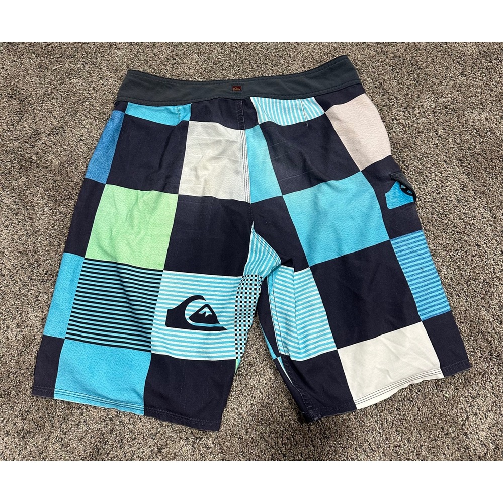 Board Shorts Quiksilver Mens Blue Excellent Patchwork Checkered Swim Trunks 34 - Picture 2 of 6